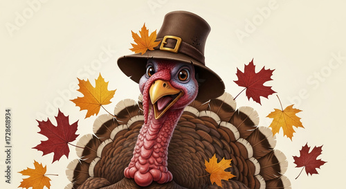 Happy turkey wearing pilgrim hat, surrounded by autumn maple leaves, creates cheerful Thanksgiving mood, perfect for greeting cards or seasonal designs