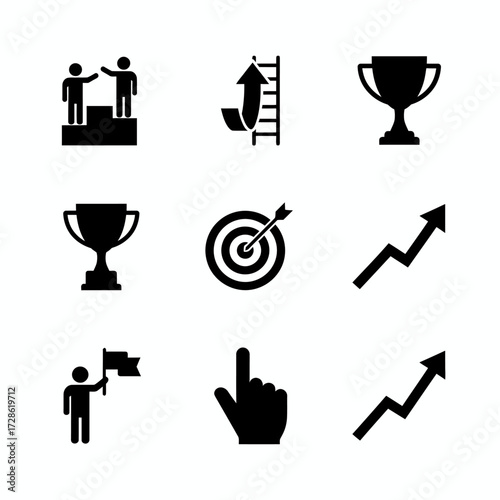 Achieving business success and goals with targets, growth, and teamwork, driving victory and leadership, climbing the ladder to reach the top and claim the trophy