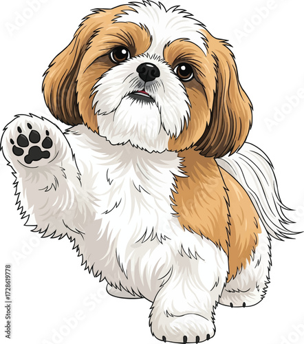Chinese Imperial Dog raising paw interaction pose cute illustration