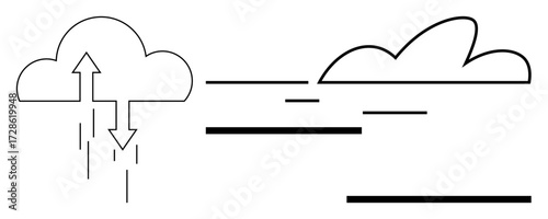 Cloud icon with upward and downward arrows, representing data transfer. Adjacent linear design suggests flow and connectivity. Ideal for technology, network, data sharing, innovation, cloud storage
