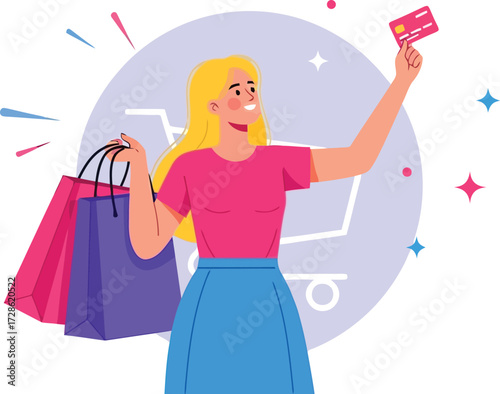 Happy woman with shopping bags and credit card isolated on white background