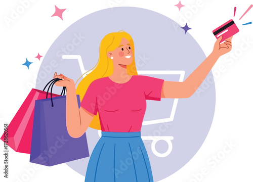 Happy woman with shopping bags and credit card isolated on white background