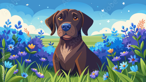 A Chocolate Labrador Retriever sitting peacefully in a meadow, surrounded by blue Scilla flowers, capturing loyalty, beauty, and nature’s harmony in one serene scene of companionship and gentle outdoo