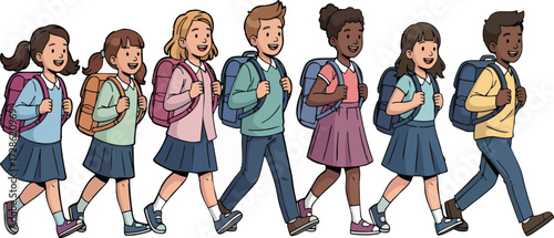 Group of diverse students walking to school with backpacks on sunny day, ready for learning and new adventures, showcasing backtoschool excitement and friendship.