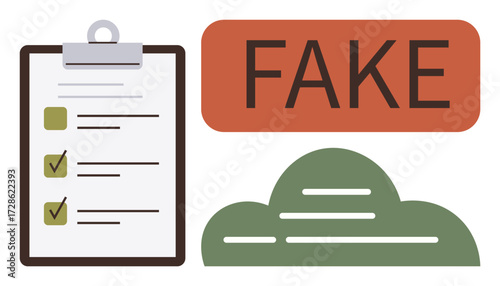Clipboard checklist with green ticks, bold FAKE tag, and cloud shape suggesting verification, integrity, decision-making, compliance, misinformation, authenticity, simple flat metaphor