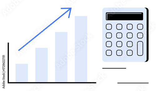 Bar graph with upward trend arrow and calculator signifying financial growth, data tracking, and business calculations. Ideal for finance, growth, analysis, investment, planning, success economics