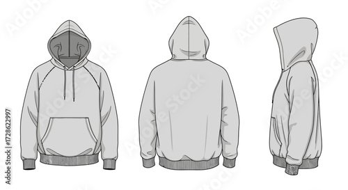 Blank Grey Hoodie Template - Front, Back, and Side Views