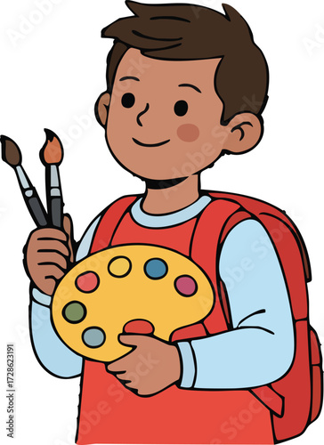 Smiling young boy holding paintbrushes and palette with backpack, ready for art class, expressing creativity and joy.