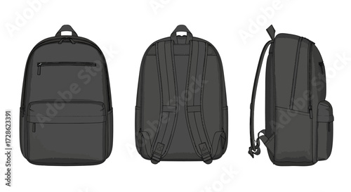 Black Backpack, Front, Back, and Side Views