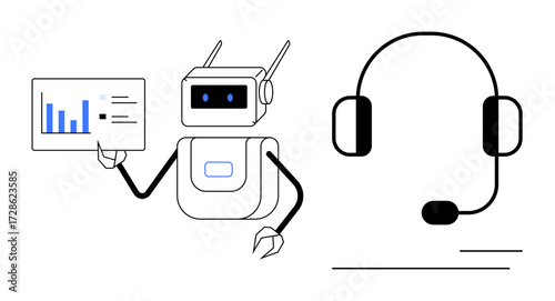 Robot holding chart with data next to a headset, representing AI customer support, analytics, futuristic tech. Ideal for AI, tech support, automation, chatbot, innovation business simple flat