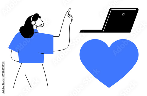 Female helpline operator wearing a headset, gesturing towards a laptop and a heart icon. Ideal for customer service, communication, care, teamwork, support, technology, and connection concepts