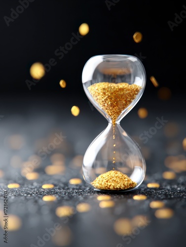 Time's Passage: A close-up shot captures a delicate hourglass filled with golden sand, symbolizing the passage of time against a blurred, elegant backdrop.