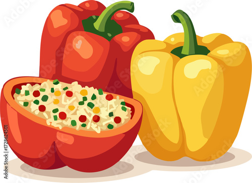 Flat Vector Illustration of Red and Yellow Stuffed Bell Peppers Halved and Whole with Rice and Vegetables