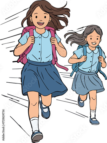 Two cheerful schoolgirls running to school with backpacks on a bright morning, full of energy and excitement for the day ahead.