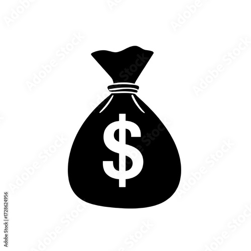 solid money bag silhouette icon with dollar sign, filled vector cash sack for business, wealth and finance