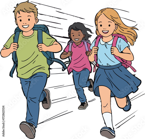 Children running to school in the morning with backpacks, excited for the day ahead, showcasing the joy and energy of youth.