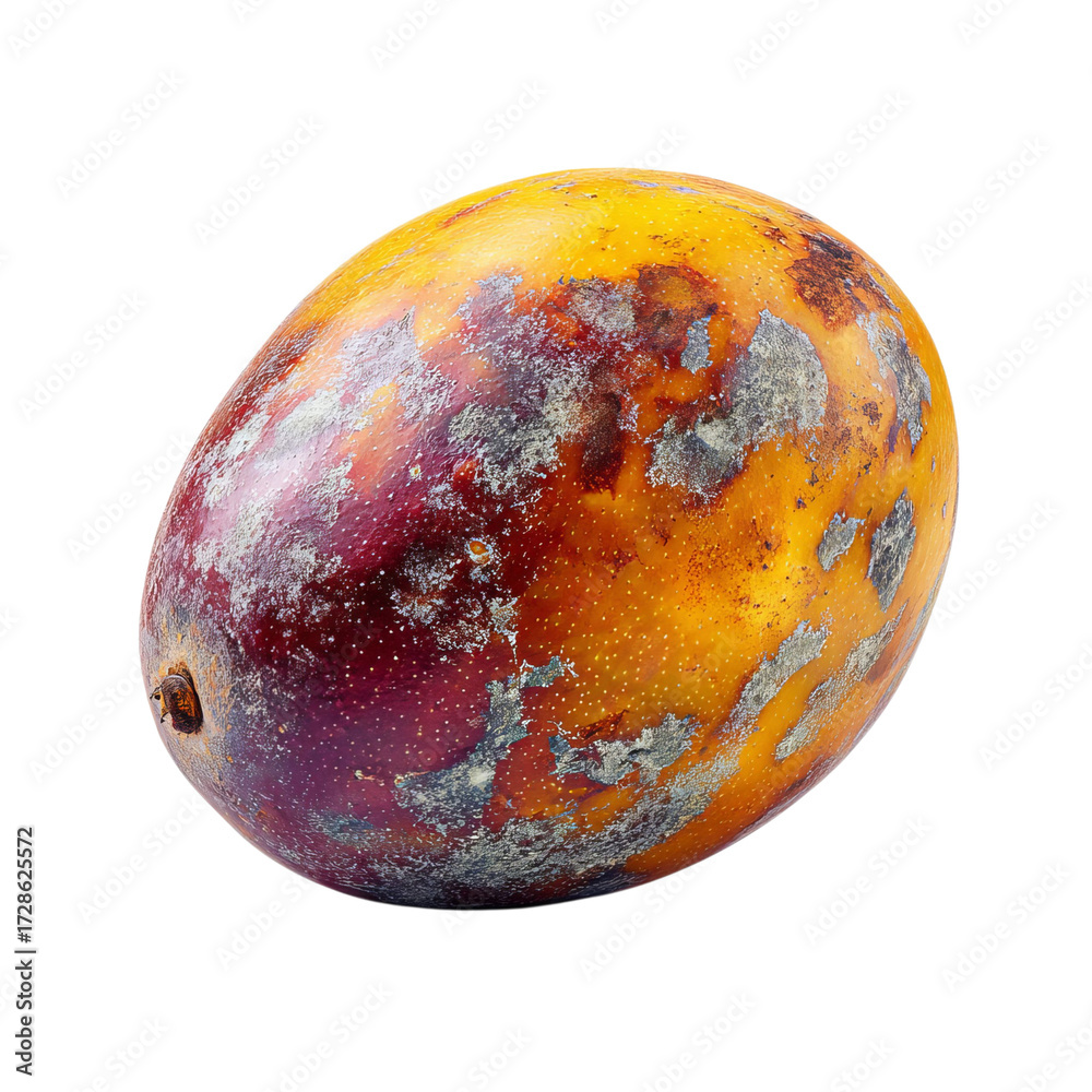 Fototapeta premium Png of close up of a ripe mango with spots isolated on transparent background, showing signs of decay and imperfections