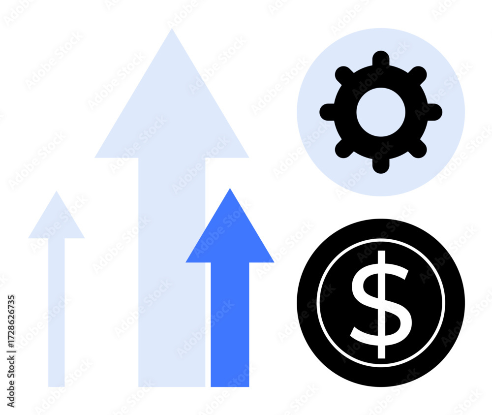 Obraz premium Three rising arrows convey growth. A gear symbolizes industry and process, while a dollar coin suggests economic gain. Ideal for business, finance, strategy, progress, development, innovation simple
