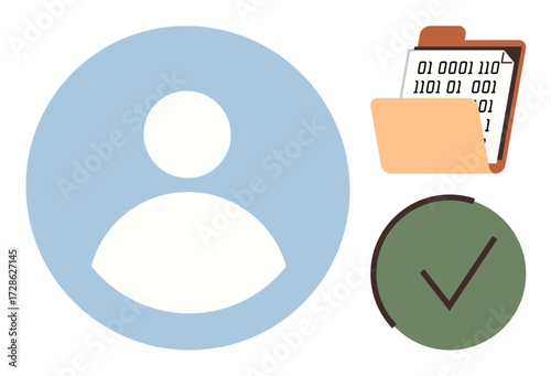 Large user profile icon alongside a folder with binary data and a green checkmark. Ideal for identity, data management, cybersecurity, personal information, verification, organization, and technology
