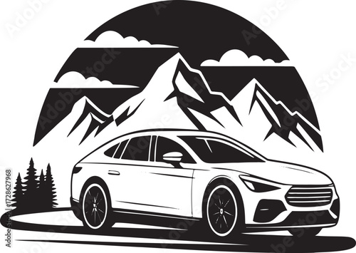 Black and white vector graphic of a modern sedan driving through a mountainous landscape vehicle