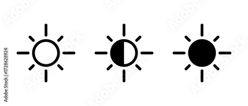 Brightness sun icon set. Light, contrast, and dark mode display symbol