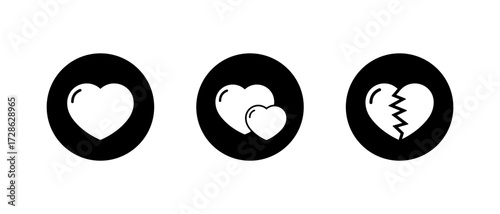 Heart icon set in black circle. Love, couple, and heartbreak symbol