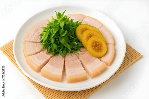 Thịt heo luộc-arranged slices of boiled pork belly with alternating layers of lean meat and fat. -Vietnamese traditional food