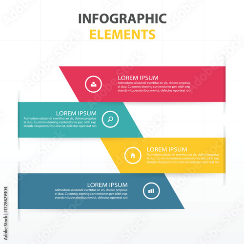 Colorful infographic elements with text boxes and icons for presentations and reports