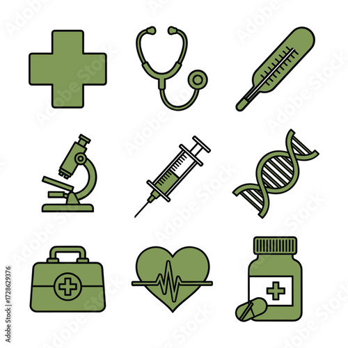 Collection of medical icons including stethoscope microscope syringe D N A helix heart pulse thermometer first aid kit and pills