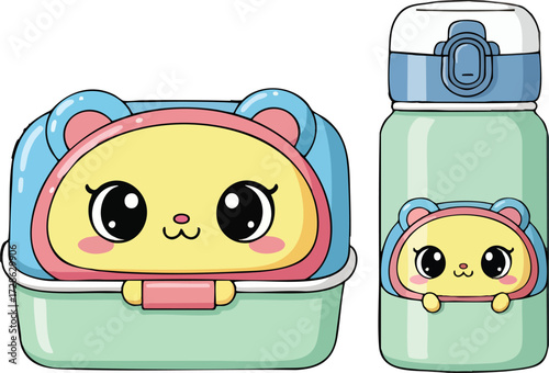Cute bear themed lunchbox and water bottle sit side by side ready for school in a bright and cheerful style.