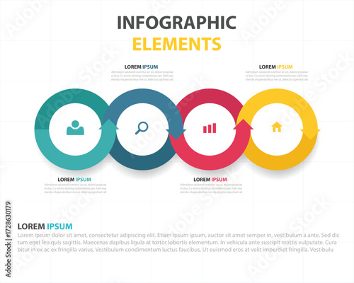 Infographic elements with four connected circles and icons representing data analysis and business growth
