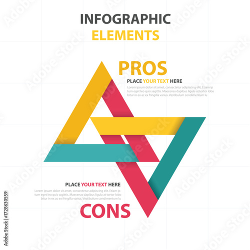 Infographic elements showing pros and cons with intersecting triangles and abstract shapes on a white background