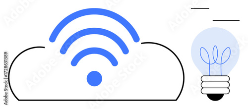 Cloud with wireless signal representing connectivity and a glowing lightbulb symbolizing innovation. Ideal for technology, cloud computing, internet, connectivity, innovation, communication, smart
