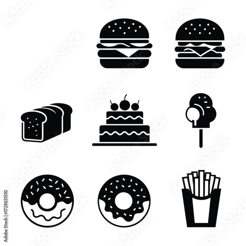 Black silhouette icons of fast food and baked goods on white background hamburger burger