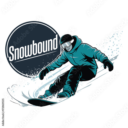 Snowboarder riding down mountain slope in winter season wearing blue jacket and black pants