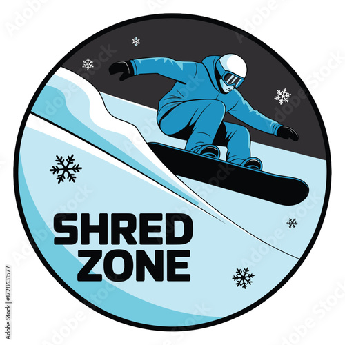 Snowboarder in winter mountain landscape shredding snow. Blue and white winter scenery