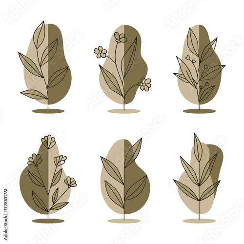 Six abstract botanical illustrations with muted earth tone blobs and line art plants leaf flower