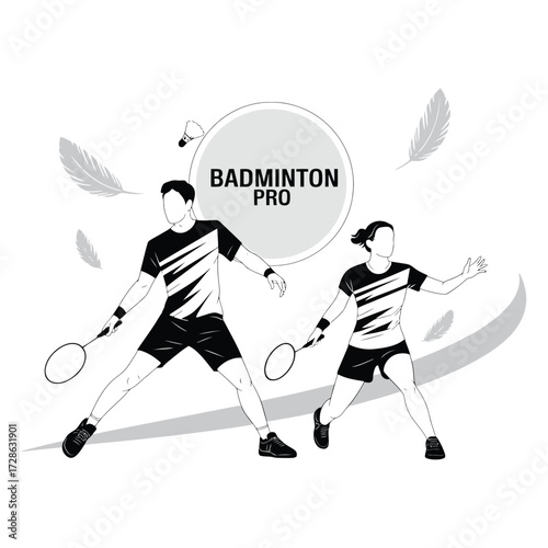 Badminton players, male and female, in action poses with rackets and shuttlecocks, surrounded by feathers