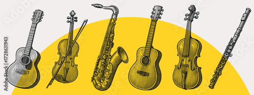 Vintage Engraving Illustration of Classical String and Wind Musical Instruments with Saxophone and Guitar in Retro Style