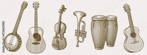 AniVintage Engraving Illustration of Banjo, Violin, Acoustic Guitar, Trumpet and Bongo Drums in Retro Jazz and Folk Style