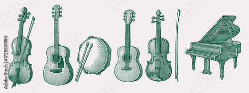 Retro Engraving Illustration of Violins, Guitars, Mandolin and Grand Piano in Classic Vintage Musical Style