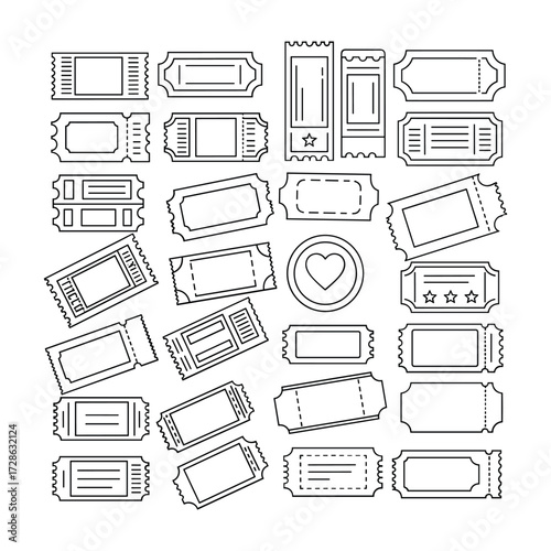 Assortment of Black Outline Tickets and a Heart Symbol on White Background raffle ticket event ticket