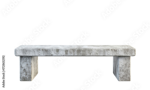 Long rectangular stone bench with a thick slab seat and two block legs, featuring a weathered, textured gray concrete finish.