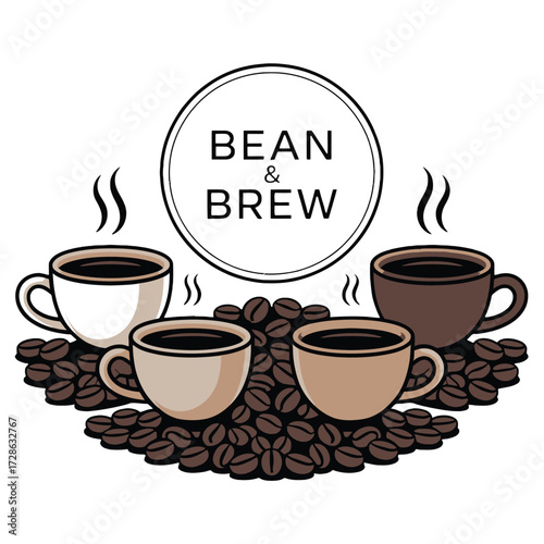 Coffee cups and beans arrangement for Bean Brew brand with steam rising from hot drinks