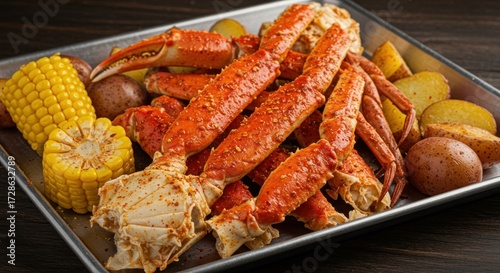 Crab legs corn on the cob and potatoes on a metal tray