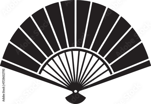Black open fan silhouette with radiating lines and a central pivot white