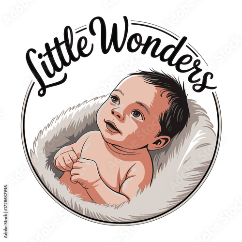 Little infant baby in a fur blanket looking up in soft colors, cute child portrait