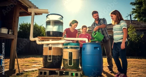 Family enjoying sustainable rainwater harvesting system in their backyard garden