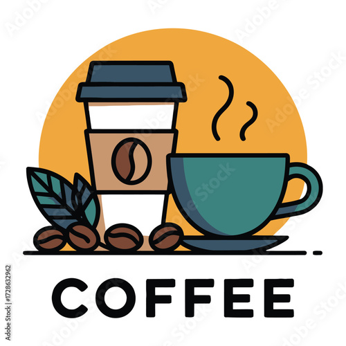Coffee shop beverage cafe illustration with takeaway cup and steaming mug over sun background
