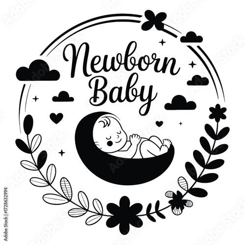 Newborn baby sleeping on moon surrounded by floral elements, hearts, and clouds in black and white